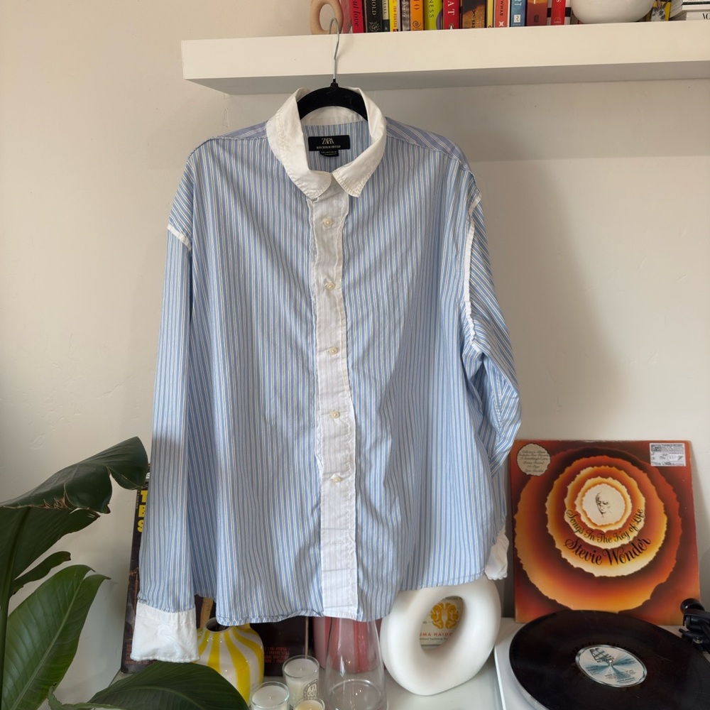 zara blue & white berlin edition striped button up shirt